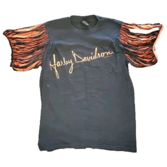 Harley-Davidson Black T-Shirt Razor Cut Sleeves Orange Logo MD Medium100% Cotton - Picture 1 of 10